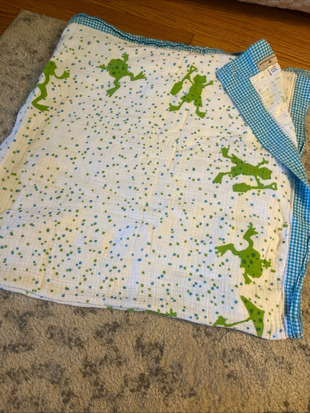 Mackenzie childs Green Frog Muslin Swaddle with Blue Gingham Trim